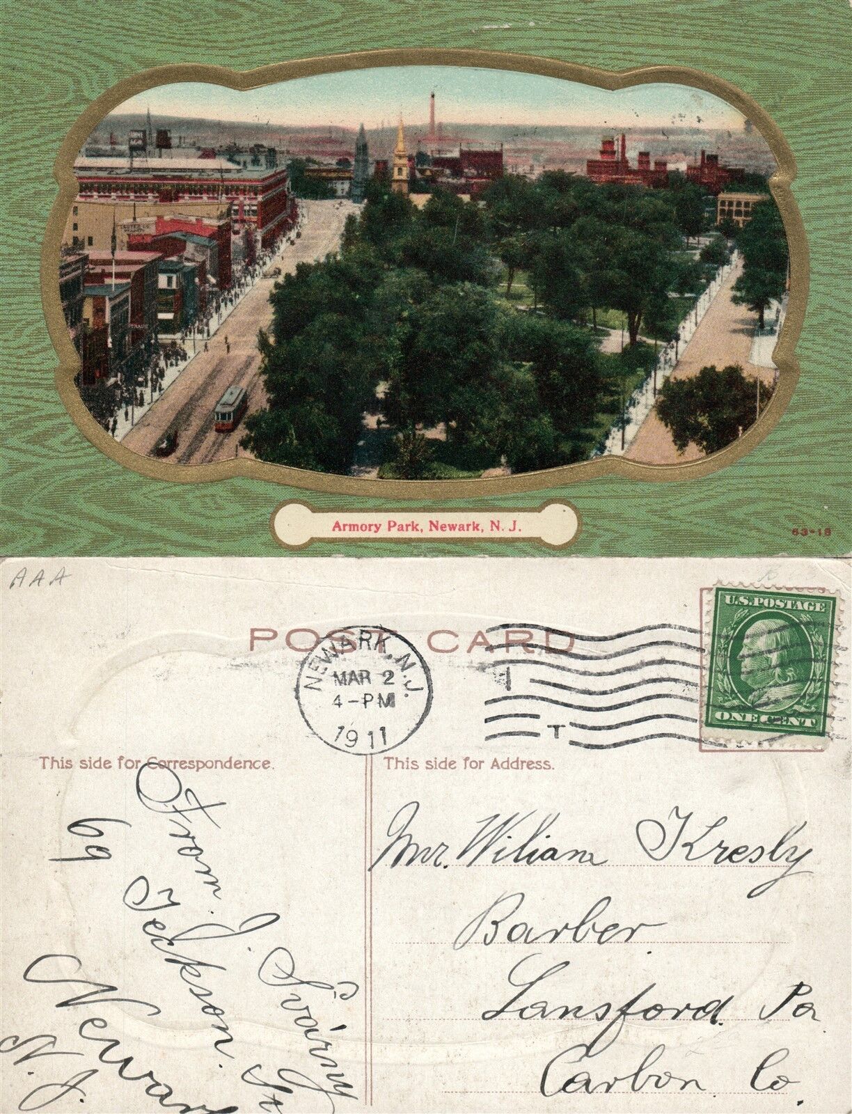 NEWARK N.J. ARMORY PARK 1911 ANTIQUE POSTCARD
