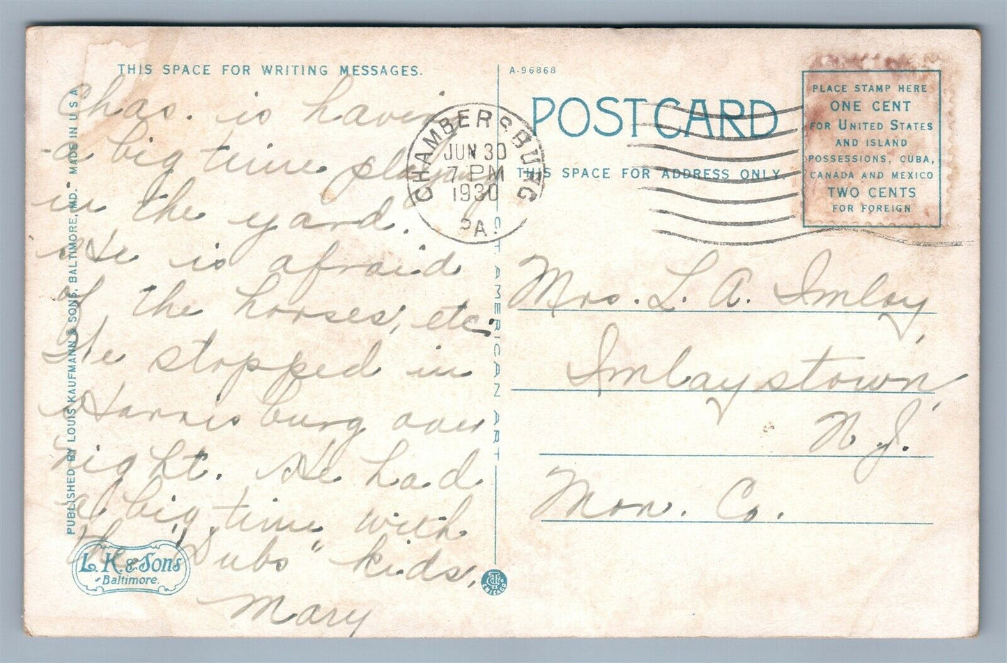 CHAMBERSBURG PA GIRLS' SCHOOL ANTIQUE POSTCARD
