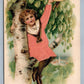 BEST WISHES GIRL in APPLIQUE CLOTH DRESS EMBOSSED ANTIQUE POSTCARD