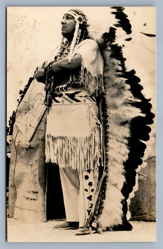 AMERICAN INDIAN CHIEF VINTAGE REAL PHOTO POSTCARD RPPC BEADED DRESS RPPC