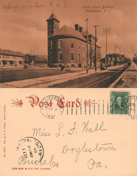PHILLIPSBURG N.J. LOVELL SCHOOL 1906 UNDIVIDED ANTIQUE POSTCARD