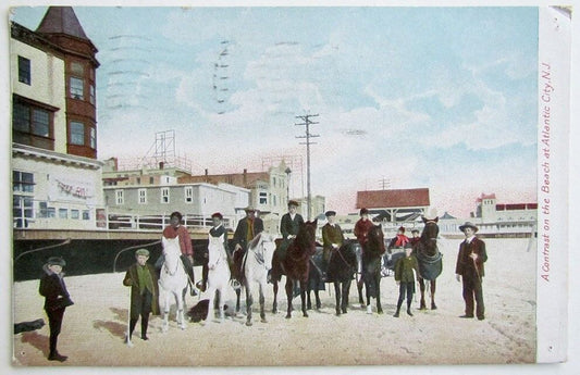 1911 VINTAGE POSTCARD CONTRAST ON THE BEACH ATLANTIC CITY NJ horses