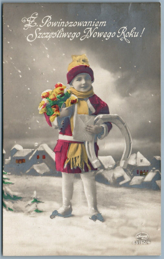 POLISH NEW YEAR GREETING CARD VINTAGE REAL PHOTO POSTCARD RPPC