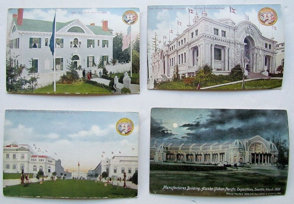 LOT OF 4 ANTIQUE POSTCARDS 1909 ALASKA YUKON PACIFIC EXPOSITION in SEATTLE WA