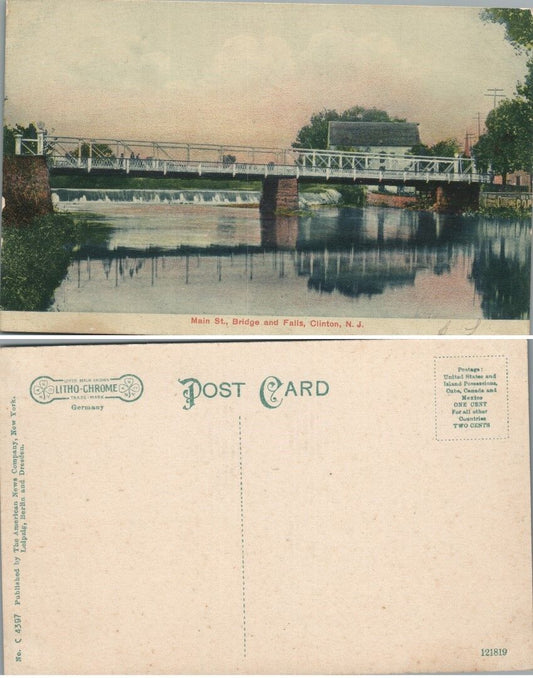 ANTIQUE POSTCARD MAIN STREET BRIDGE & FALLS CLINTON N.J.