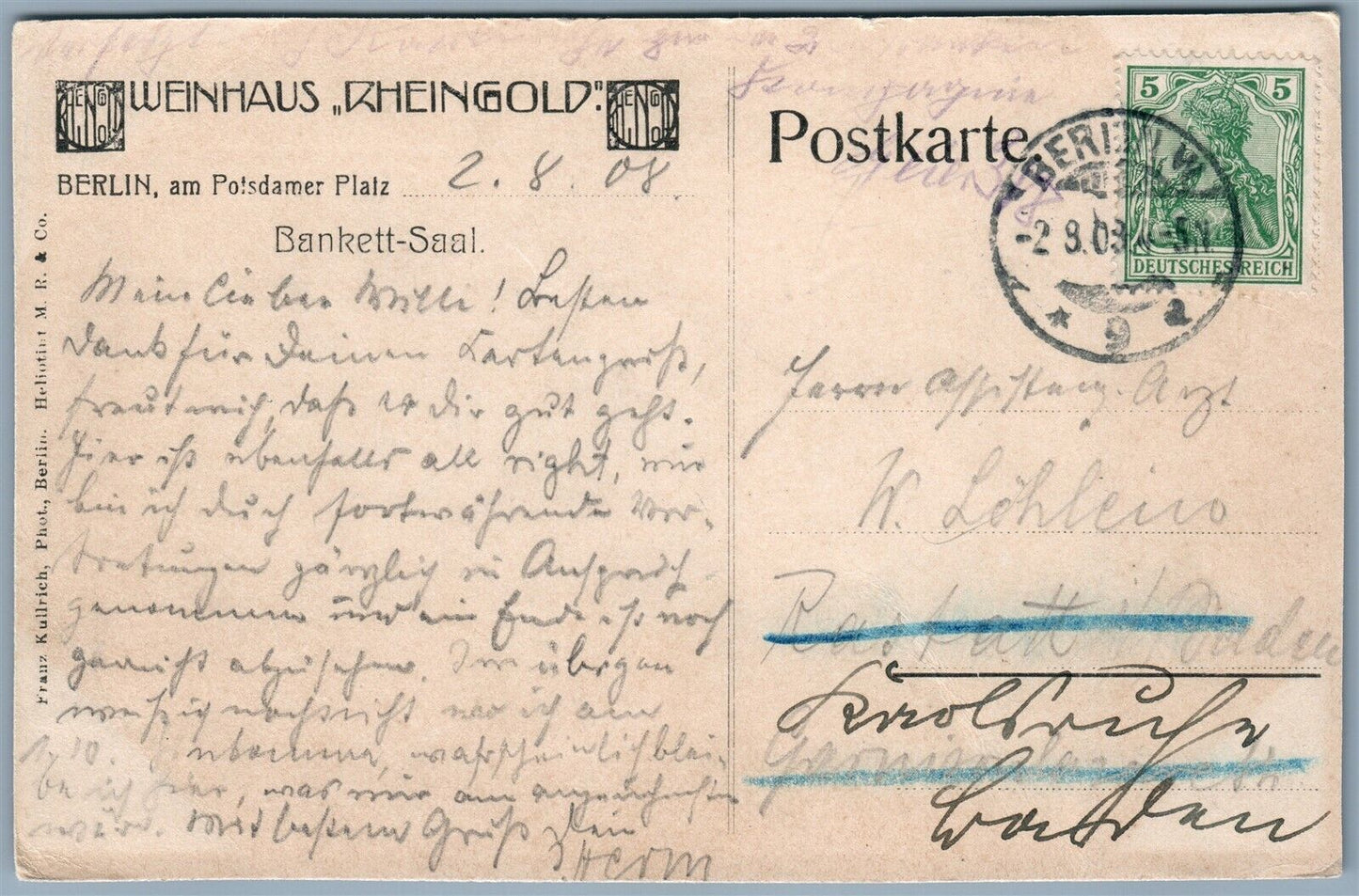 GERMANY BERLIN WEINHAUS RHEINGOLD RESTAURANT 1908 ANTIQUE POSTCARD