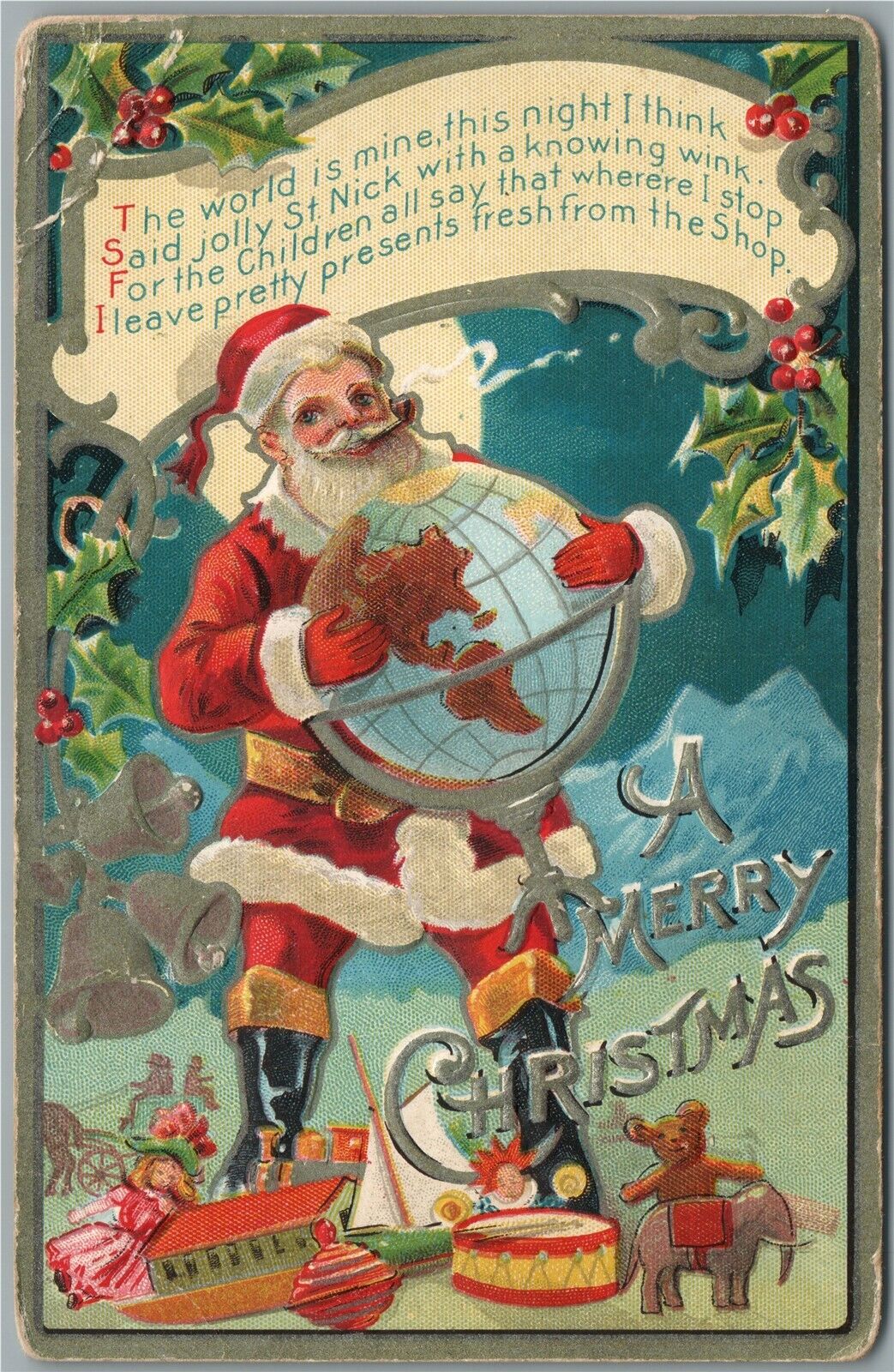 CHRISTMAS SANTA w/ GLOBE ANTIQUE POSTCARD