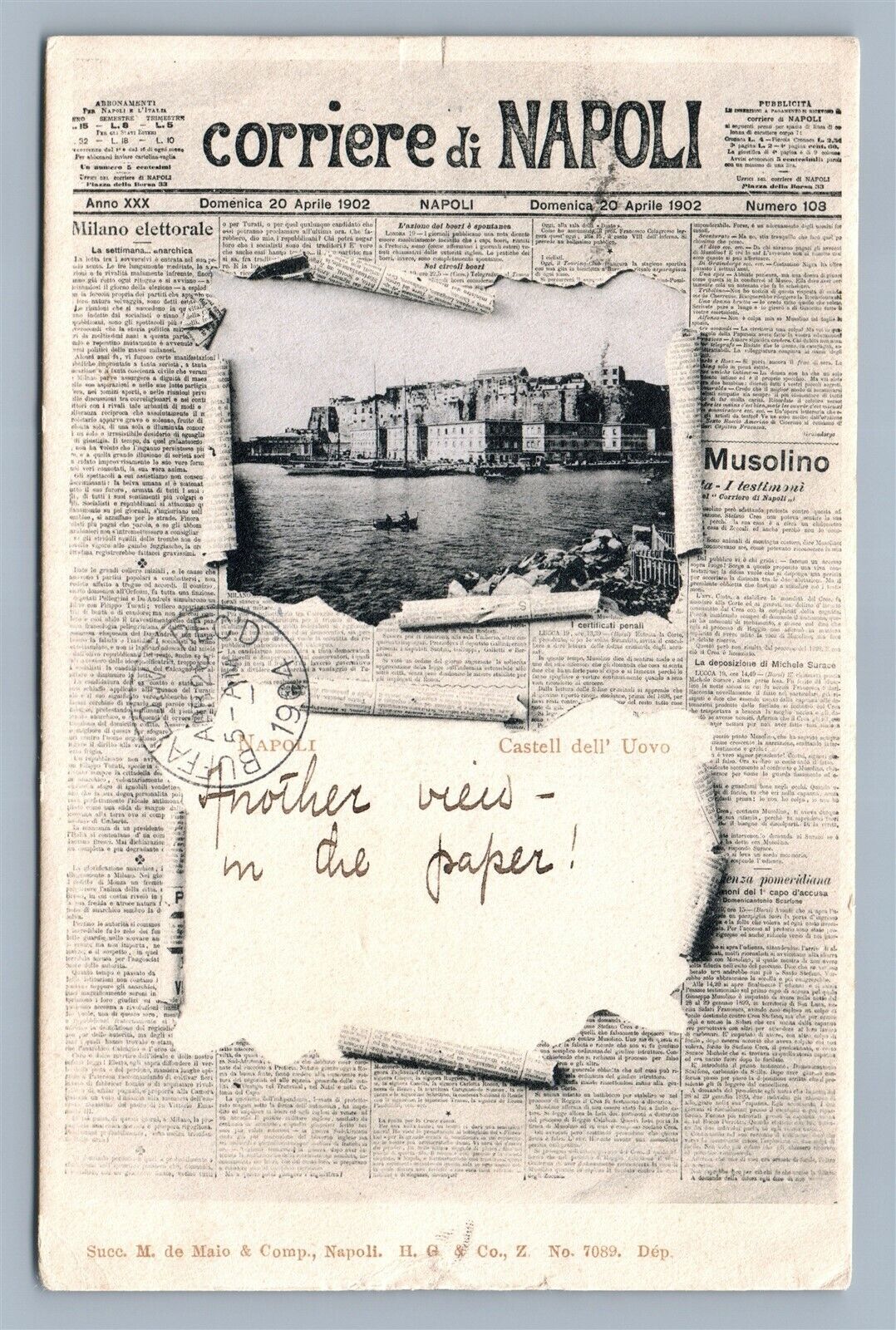 NAPOLI NEWSPAPER ITALIAN 1904 ANTIQUE POSTCARD COLLAGE MONTAGE