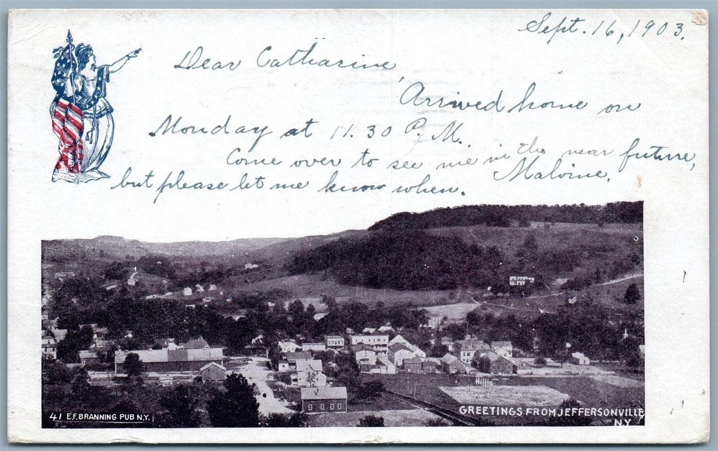 JEFFERSONVILLE NY 1903 UNDIVIED ANTIQUE POSTCARD