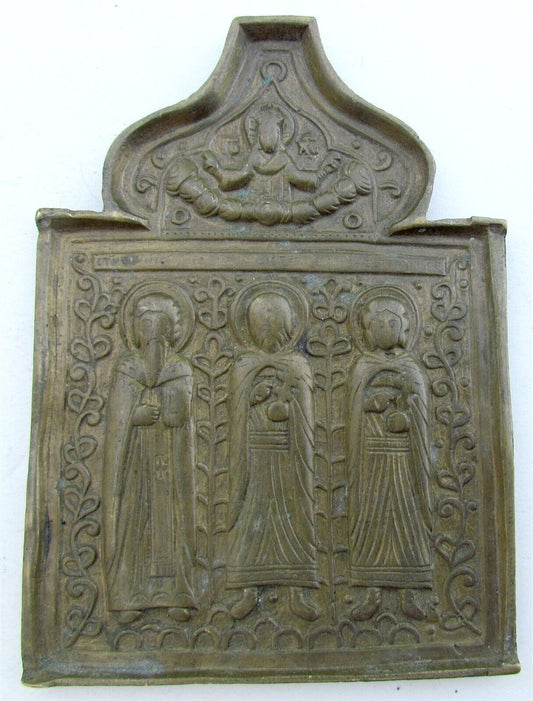 RUSSIAN BRONZE ICON of SELECTED SAINTS antique 19th century