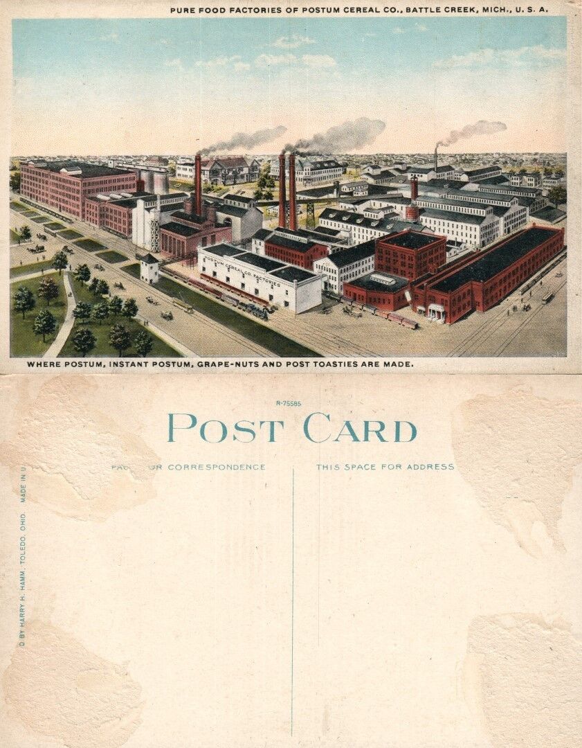 BATTLE CREEK MI PURE FOOD FACTORIES OF POSTUM CEREAL CO. ANTIQUE POSTCARD