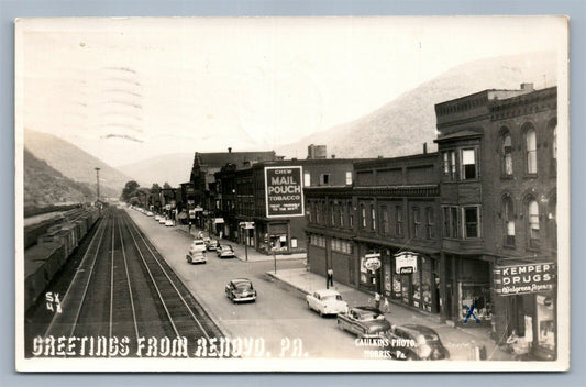 RENOVO PA STREET SCENE RAILROAD TRACKS & TRAIN VINTAGE REAL PHOTO POSTCARD RPPC
