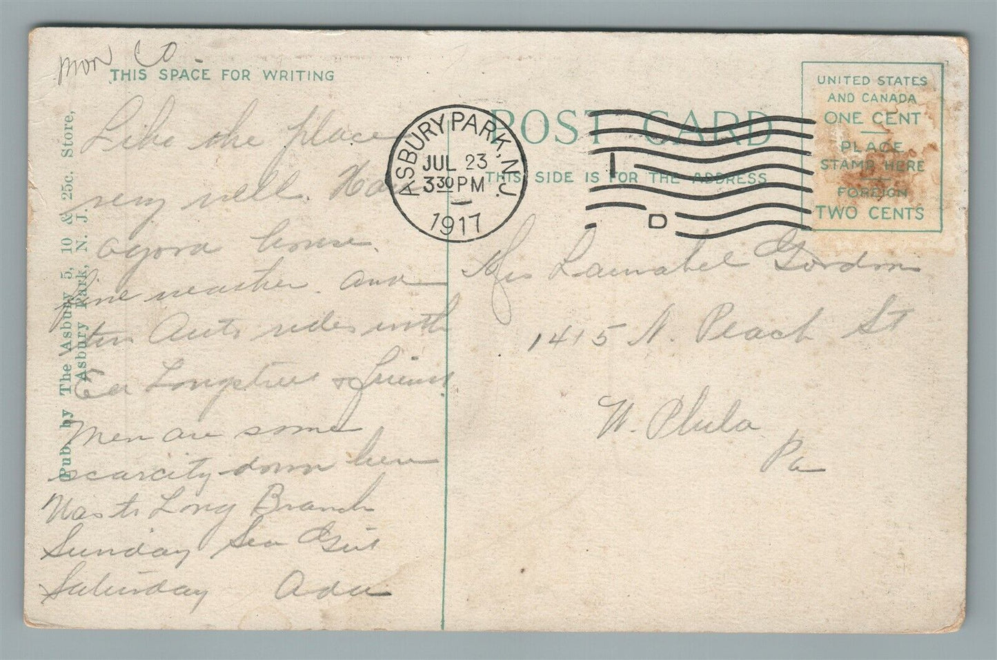 ASBURY PARK NJ SUNSET HALL ANTIQUE POSTCARD