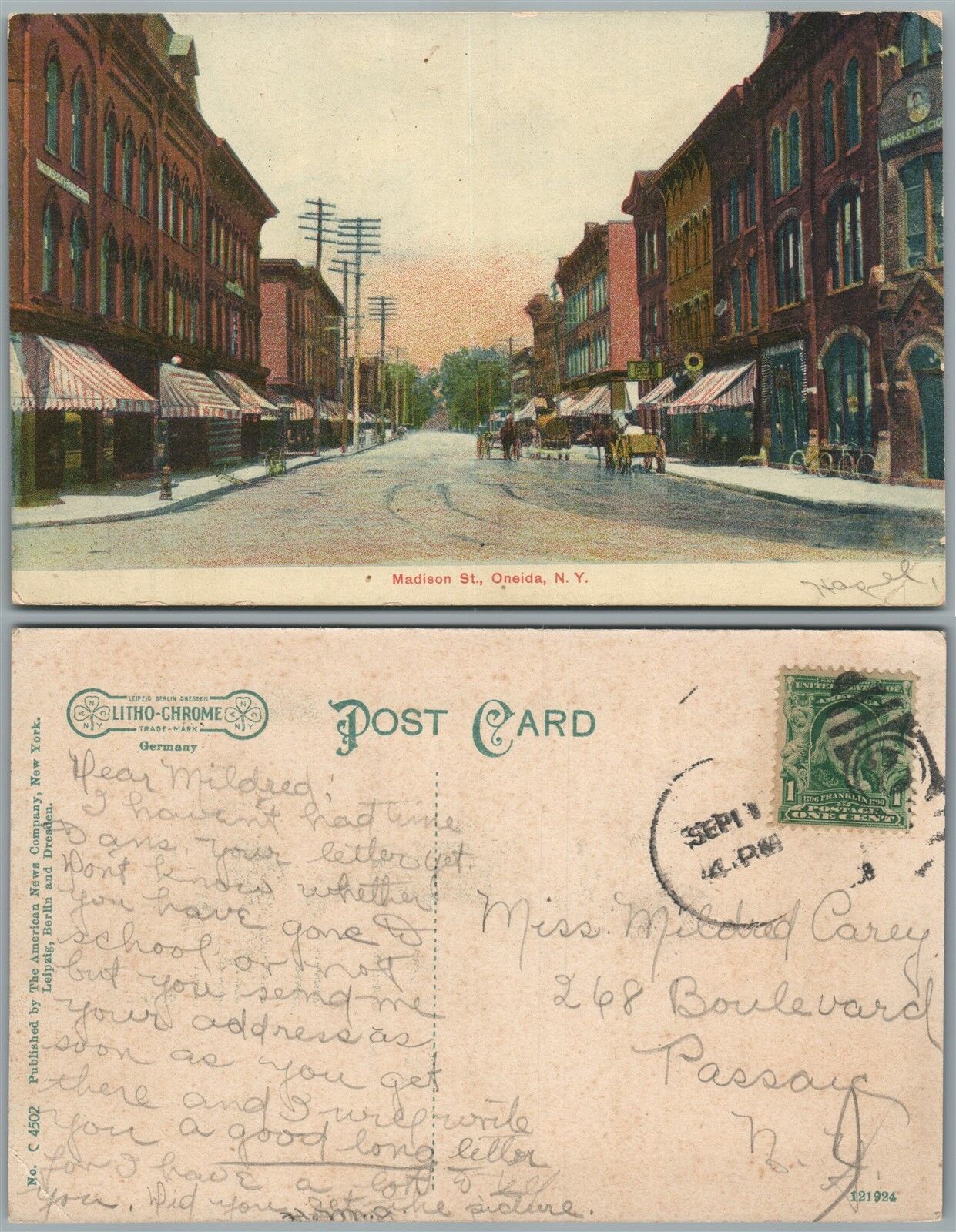 ONEIDA N.Y. MADISON STREET ANTIQUE POSTCARD w/ CORK CANCEL