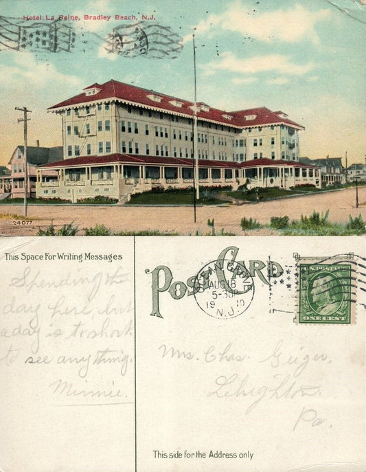 BRADLEY BEACH N.J. HOTEL LA REINE 1910 ANTIQUE POSTCARD