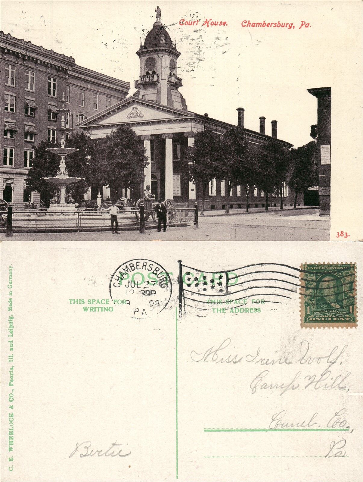 CHAMBERSBURG PA COURT HOUSE 1908 ANTIQUE POSTCARD
