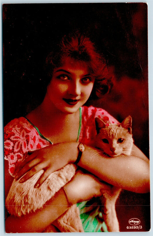 YOUNG LADY w/ CAT HAND COLORED ANTIQUE REAL PHOTO POSTCARD RPPC