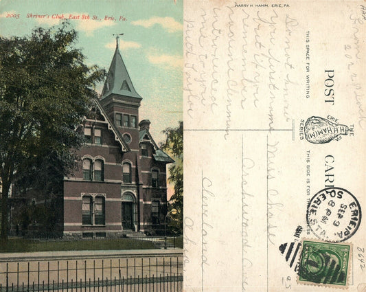 ERIE PA SHRINER'S CLUB EAST 8th STREET ANTIQUE 1911 POSTCARD CORK CANCEL