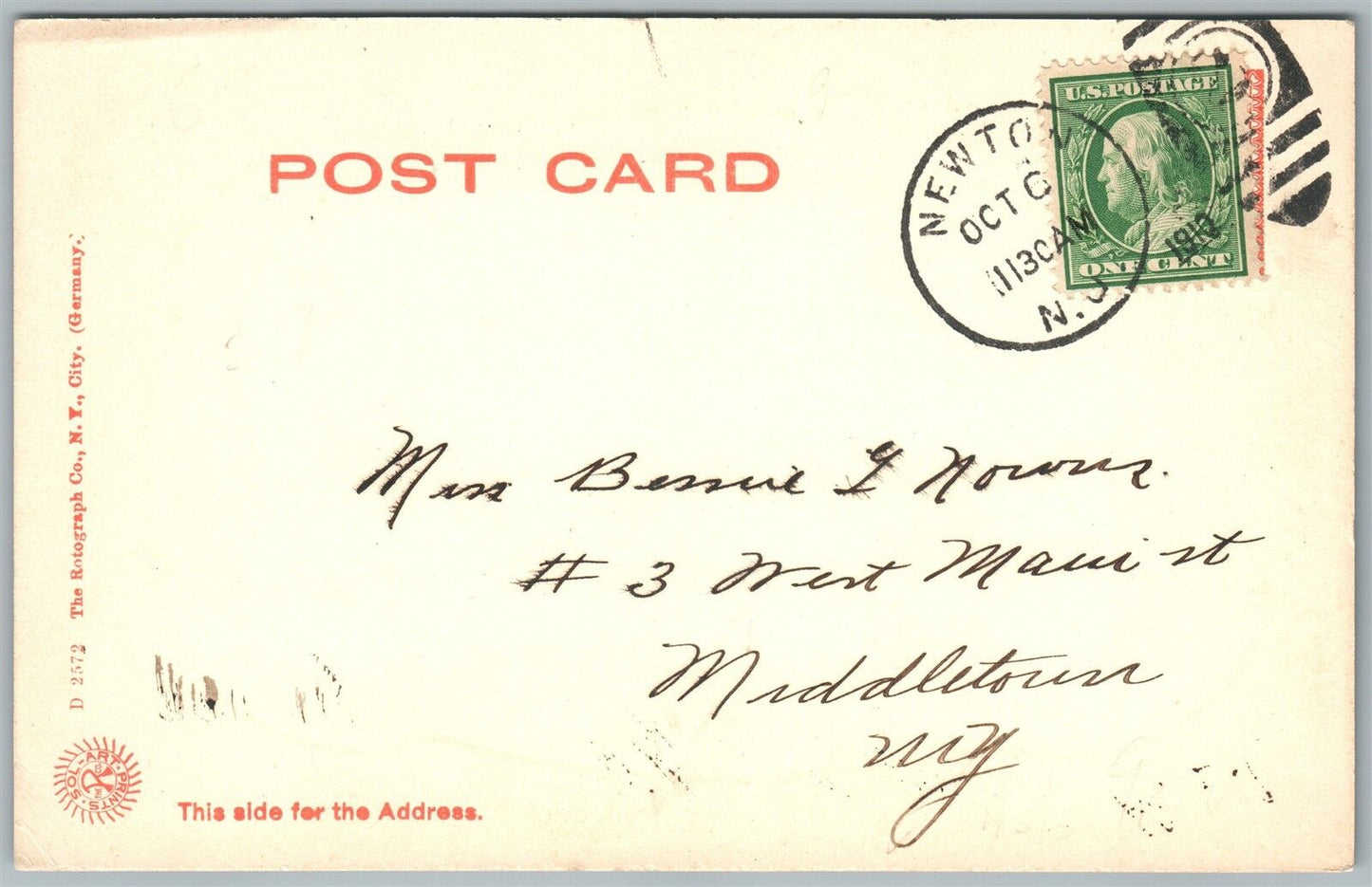 NEWTON NJ SPRING STREET UNDIVIDED 1910 ANTIQUE POSTCARD w/ CORK CANCEL