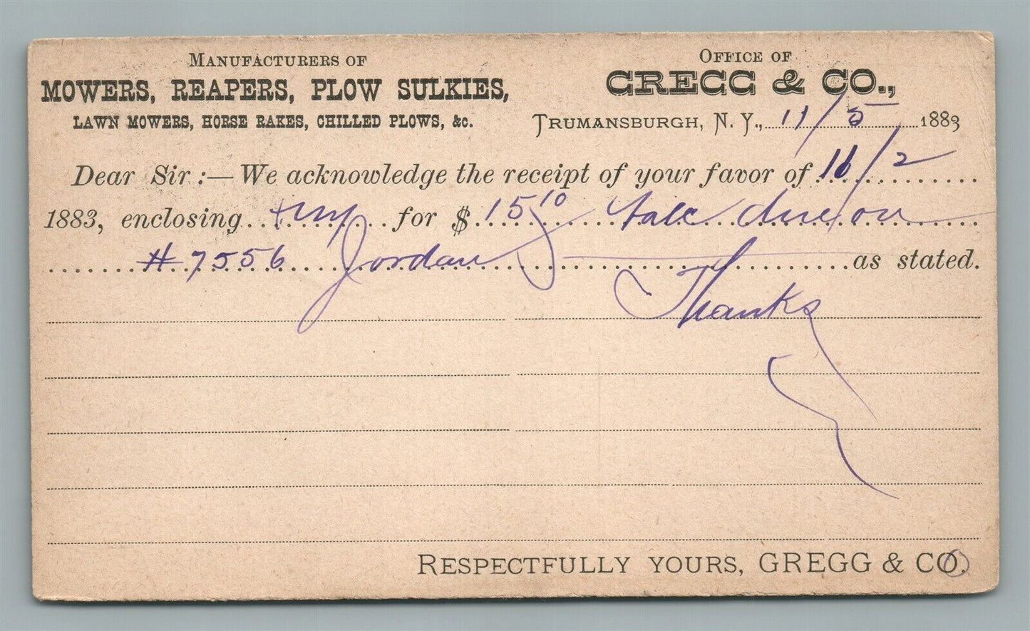 TRUMANSBURGH NY 1883 GREGG & CO. ANTIQUE POSTCARD STATEMENT CARD