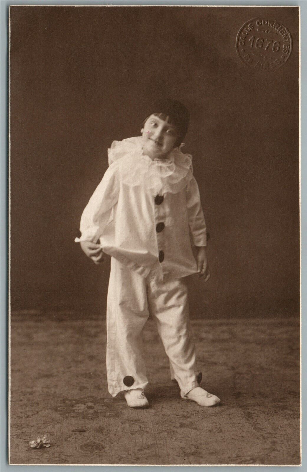 BOY IN CLOWN'S DRESS ANTIQUE REAL PHOTO POSTCARD RPPC