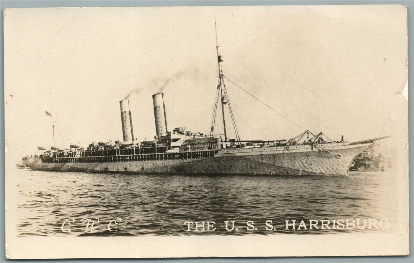 MILITARY SHIP U.SS. HARRISBURG ANTIQUE REAL PHOTO POSTCARD RPPC