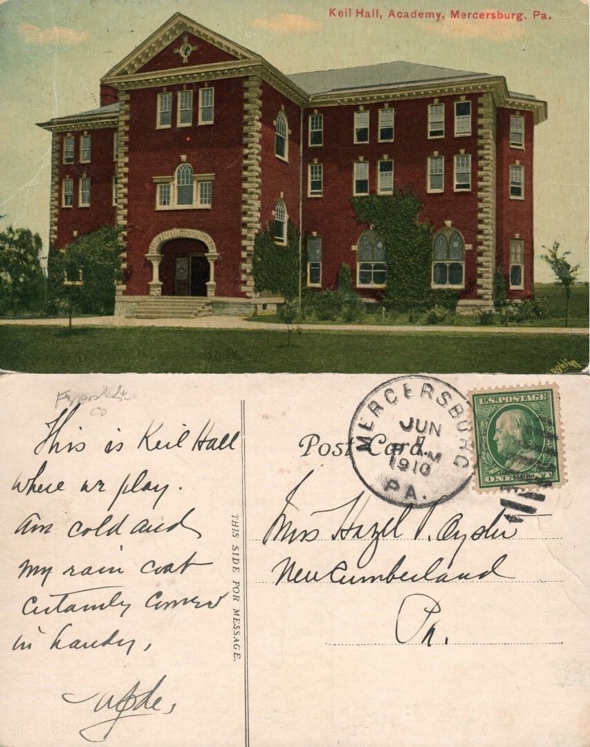 KEIL HALL MERCERSBURG ACADEMY PA 1910 ANTIQUE POSTCARD
