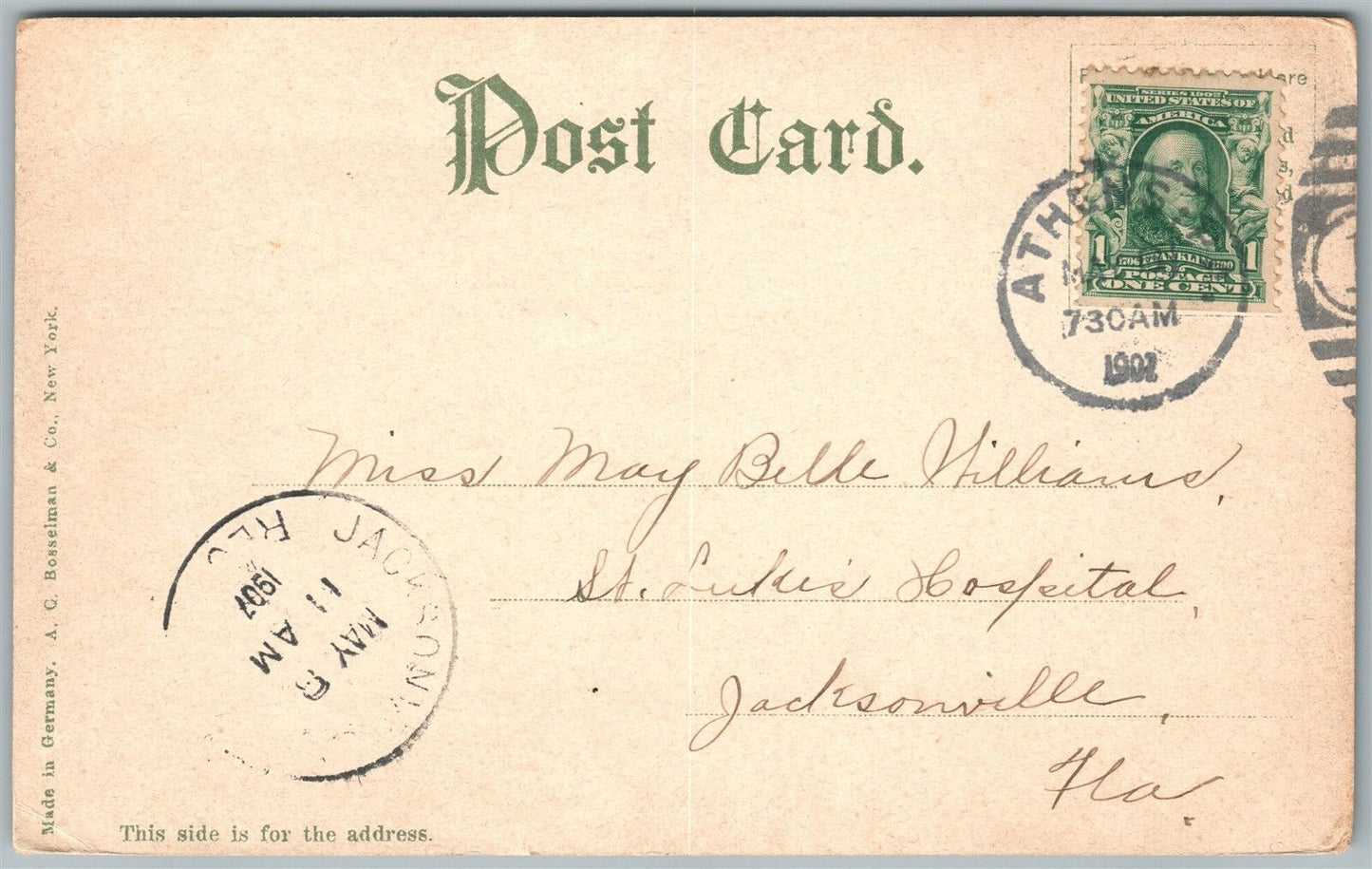 ATHENS PA FROM ROUND TOP 1907 UNDIVIDED ANTIQUE POSTCARD w/ CORK CANCEL