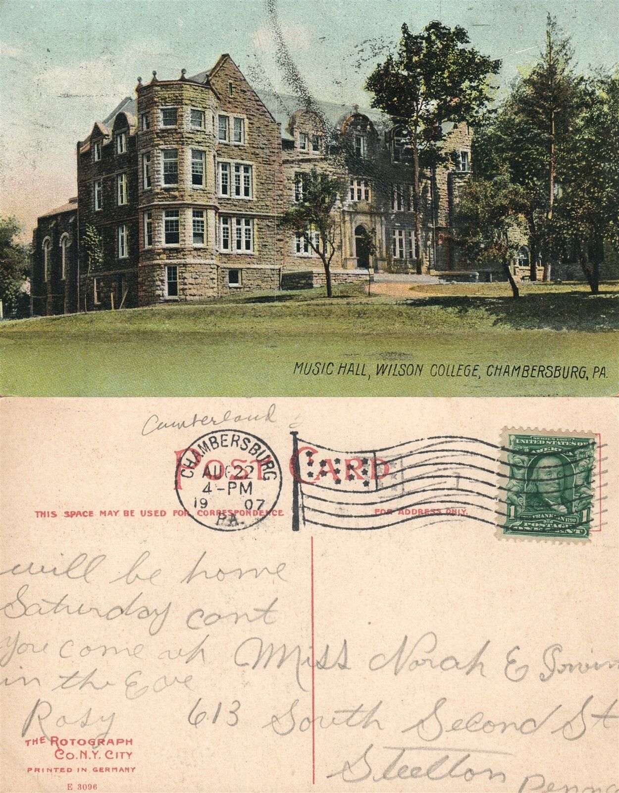 CHAMBERSBURG PA WILSON COLLEGE MUSIC HALL 1907 ANTIQUE POSTCARD