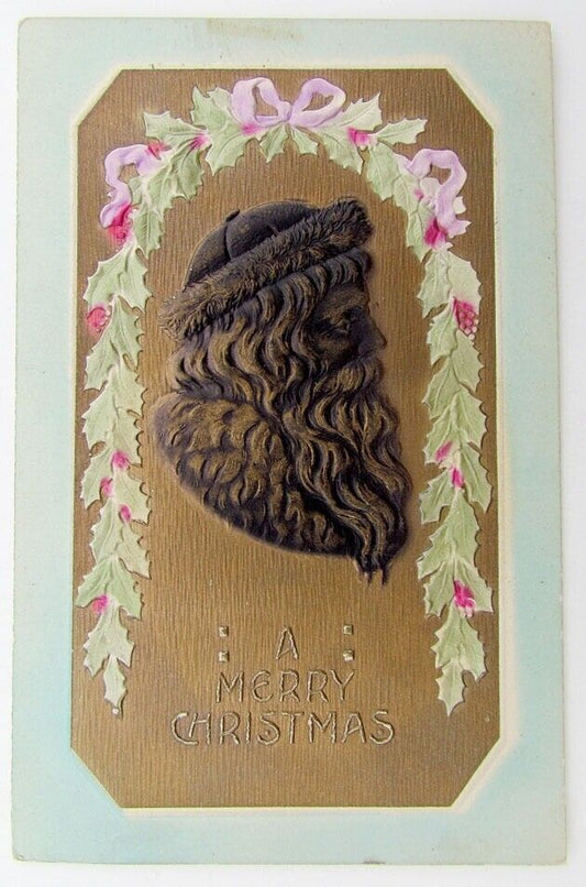 VINTAGE 1910 MERRY CHRISTMAS POSTCARD EMBOSSED SANTA GREETING CARD DARK IMAGE