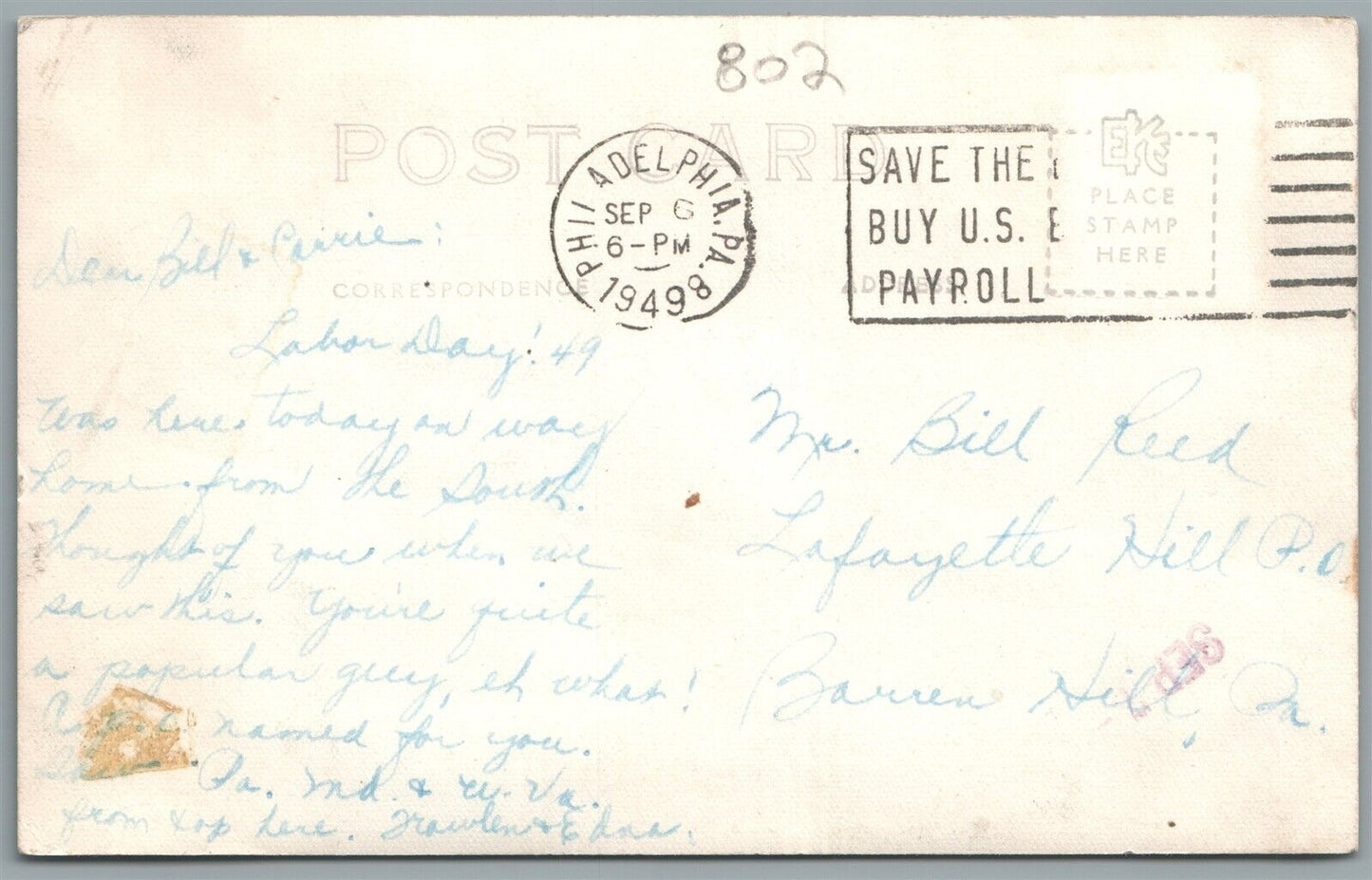 BILLS PLACE PA US POST OFFICE VINTAGE REAL PHOTO POSTCARD RPPC