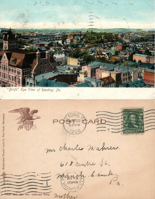 READING PA BIRDS EYE VIEW 1908 UNDIVIDED ANTIQUE POSTCARD