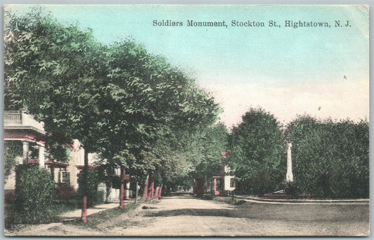 HIGHTSTOWN NJ STOCKTON STREET SOLDIER'S MONUMENT ANTIQUE POSTCARD w/ CORK CANCEL