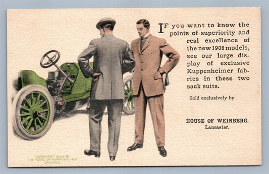 LANCASTER PA HOUSE OF WEINBERG MENS FASHION CAR ADVERTISING ANTIQUE POSTCARD