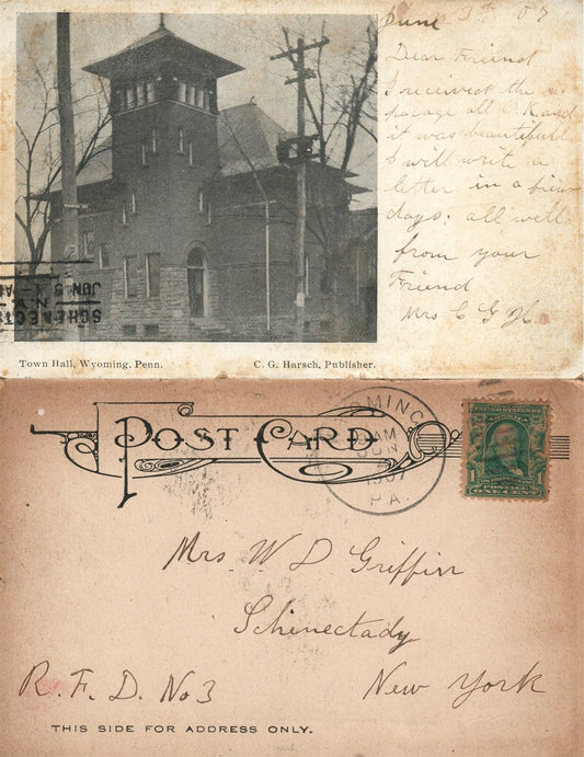 WYOMING PA TOWN HALL 1907 UNDIVIDED ANTIQUE POSTCARD