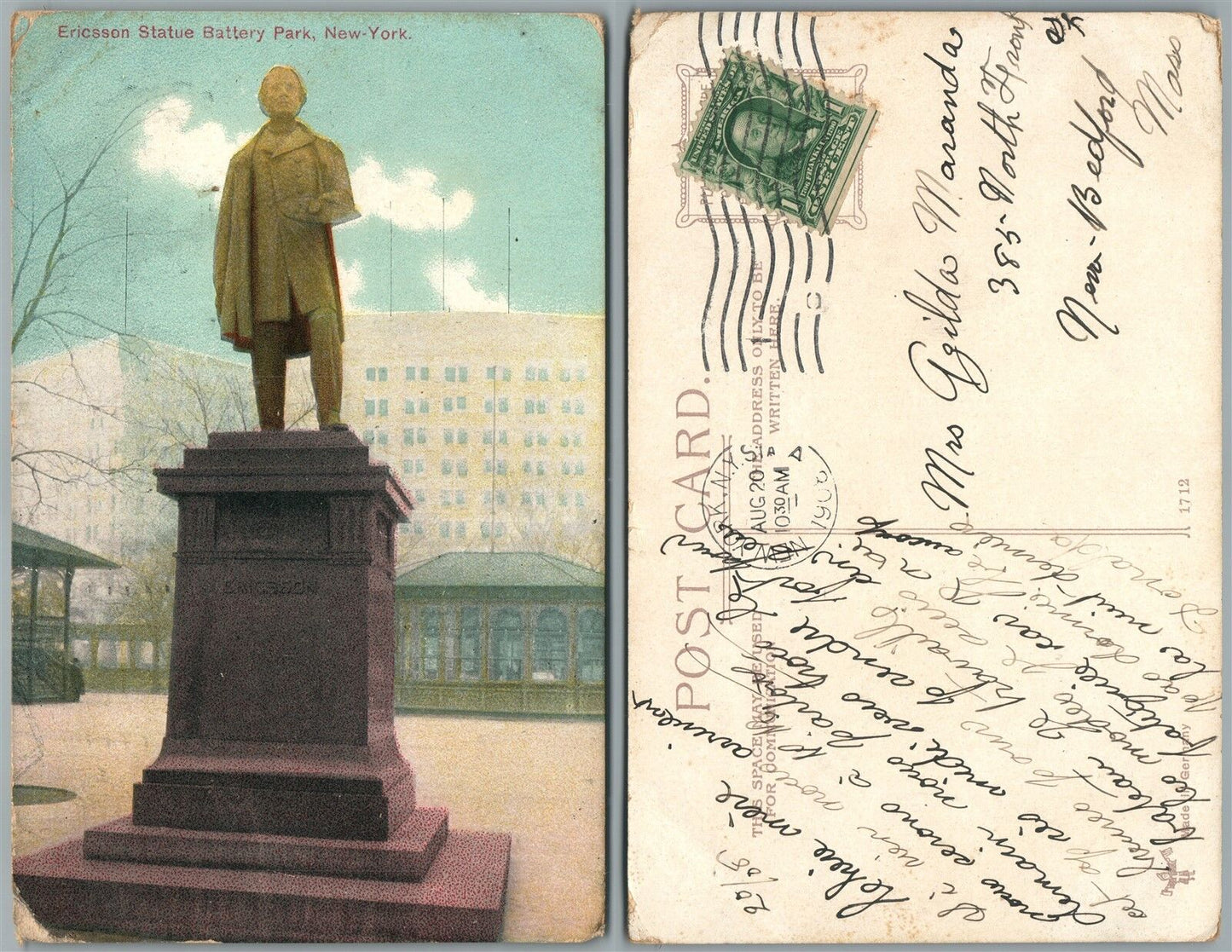 NEW YORK CITY N.Y. BATTERY PARK ERICSSON STATUE 1908 ANTIQUE POSTCARD