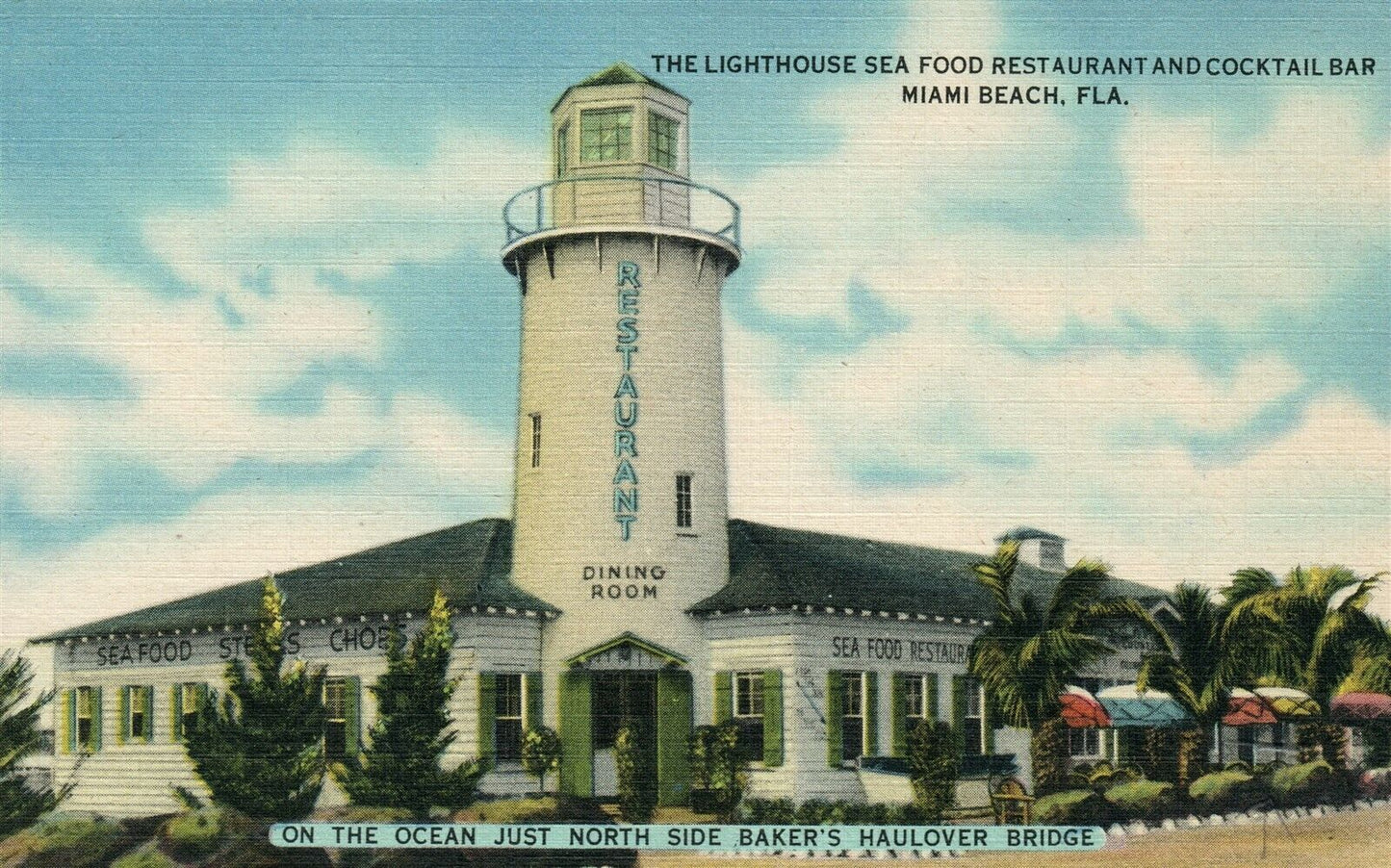 MIAMI BEACH FL LIGHTHOUSE SEA FOOD RESTAURANT VINTAGE POSTCARD