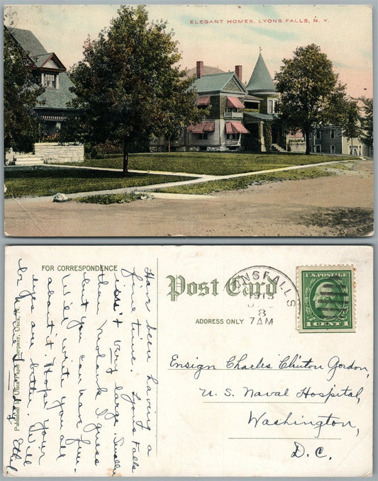 LYONS FALLS N.Y. ELEGANT HOMES ANTIQUE POSTCARD