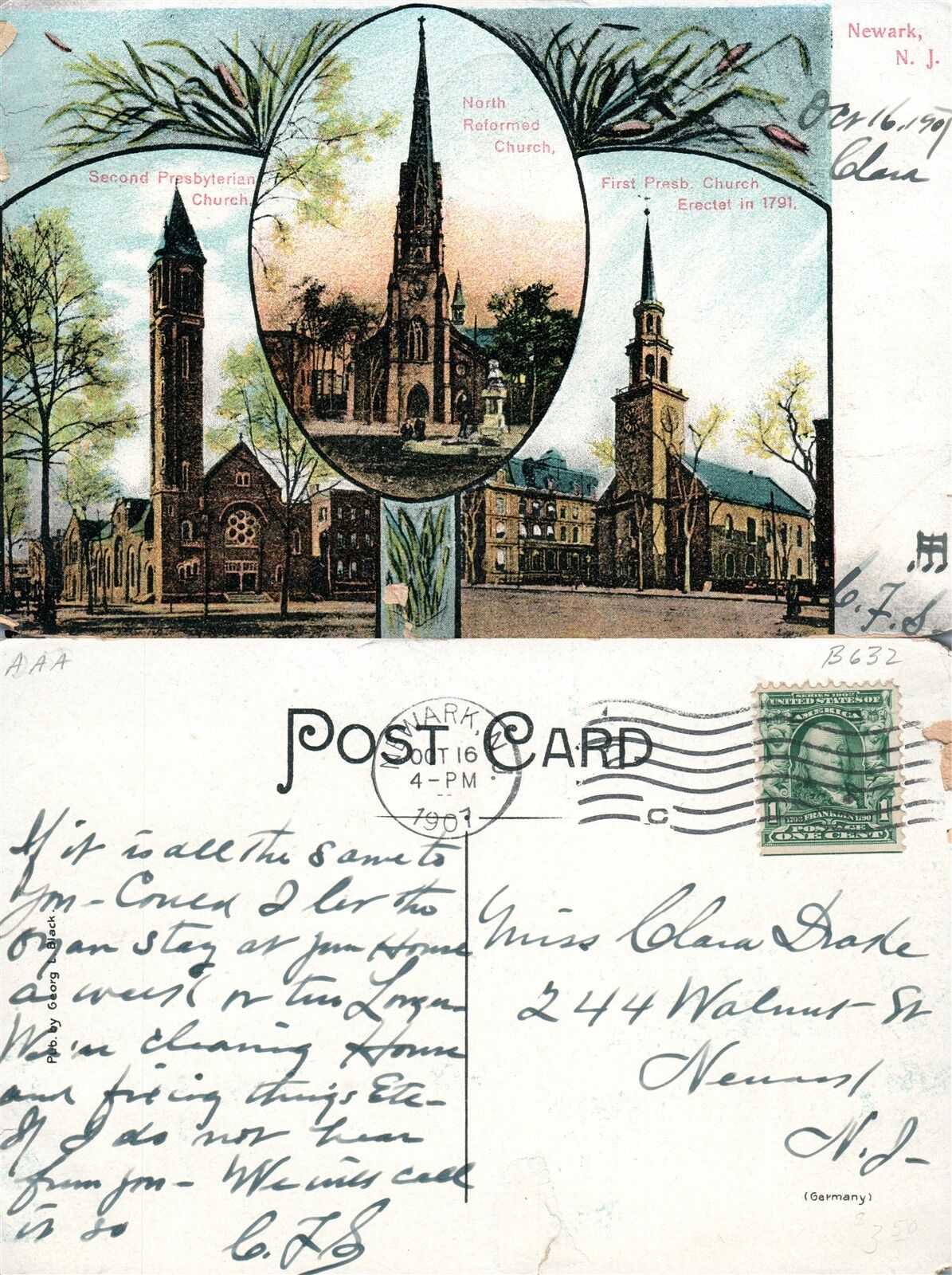 NEWARK N.J. THREE CHURCHES 1907 ANTIQUE POSTCARD