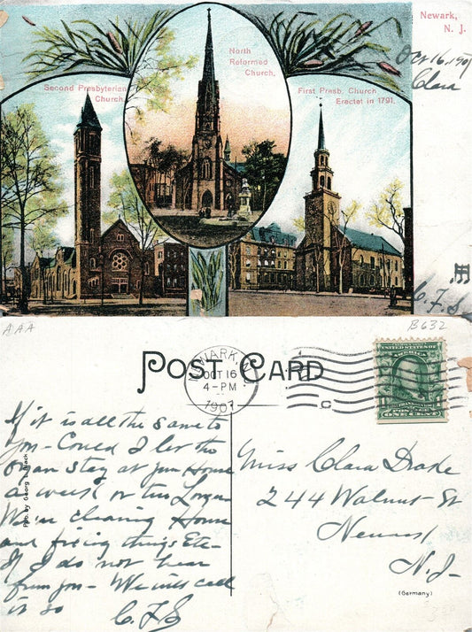 NEWARK N.J. THREE CHURCHES 1907 ANTIQUE POSTCARD