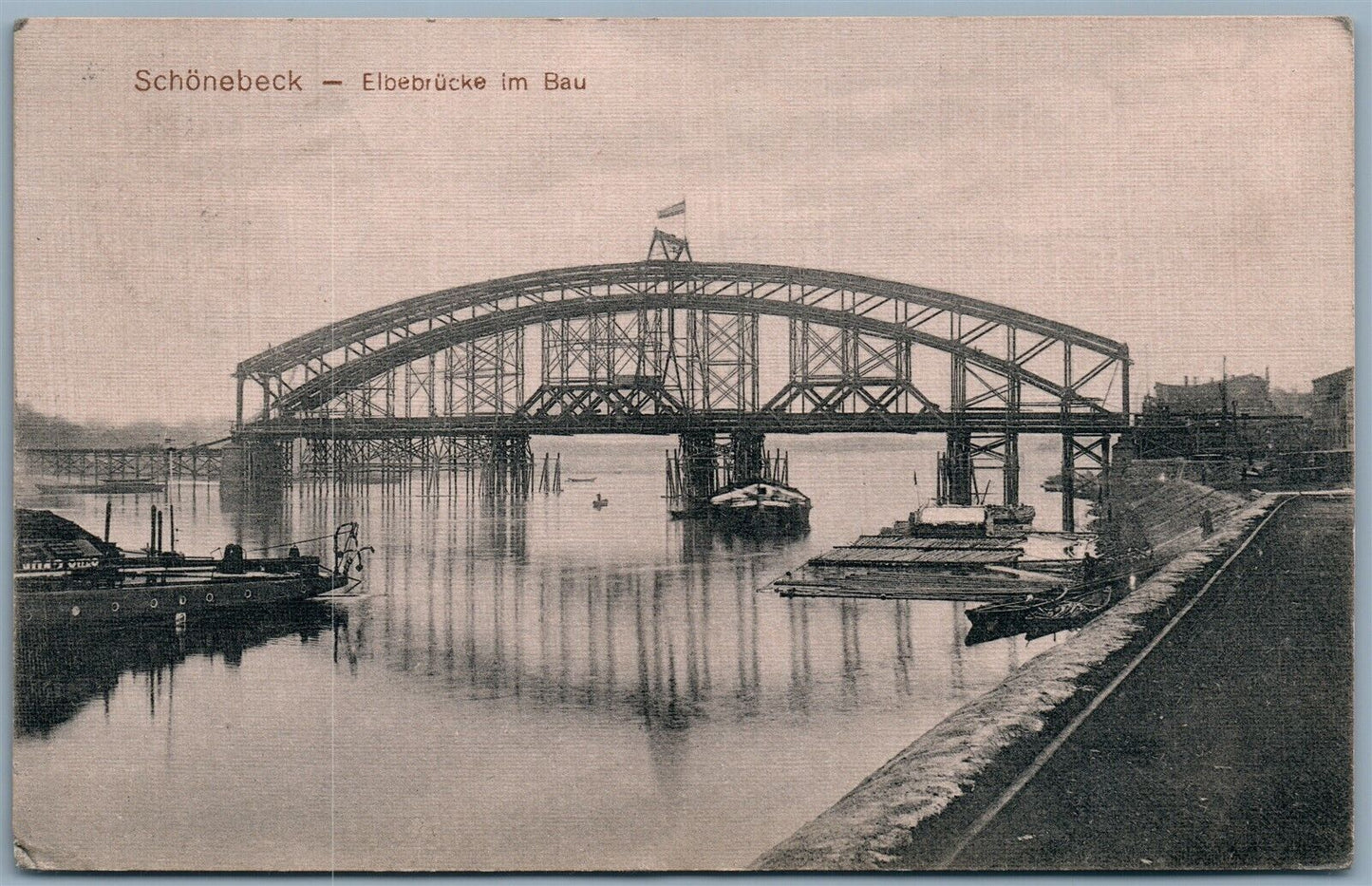SCHONEBECK GERMANY BRIDGE 1912 ANTIQUE POSTCARD w/ STAMP