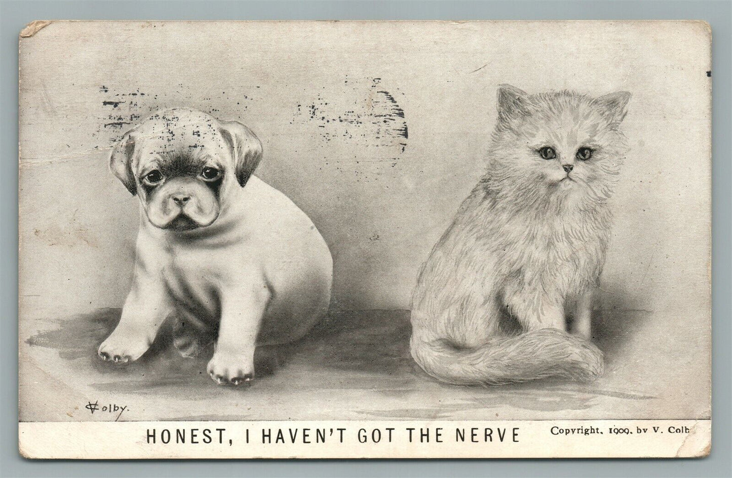 DOG & CAT ANTIQUE POSTCARD HONEST I HAVEN'T GOT THE NERVE