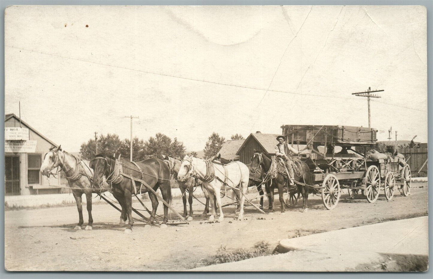 SIX HORSE DRAWN WAGON ANTIQUE REAL PHOTO POSTCARD RPPC