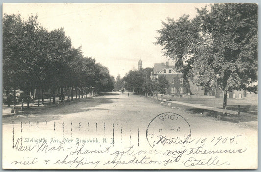 NEW BRUNSWICK NJ LIVINGSTON AVE. UNDIVIDED 1905 ANTIQUE POSTCARD w/ CORK CANCEL