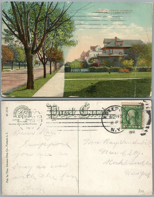 LONG ISLAND N.Y. FREEPORT SOUTH OCEAN AVENUE 1912 ANTIQUE POSTCARD
