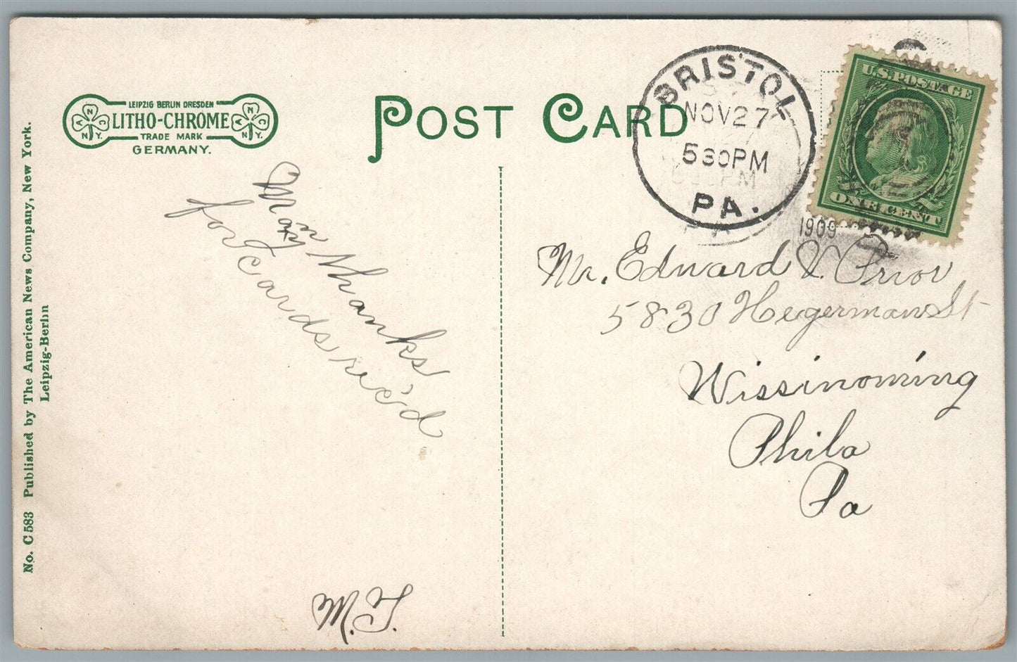 BRISTOL PA METHODIST CHURCH ANTIQUE POSTCARD