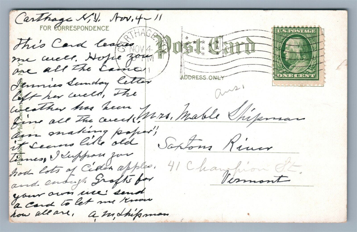 CARTHAGE NY FROM WEST SIDE 1911 ANTIQUE POSTCARD