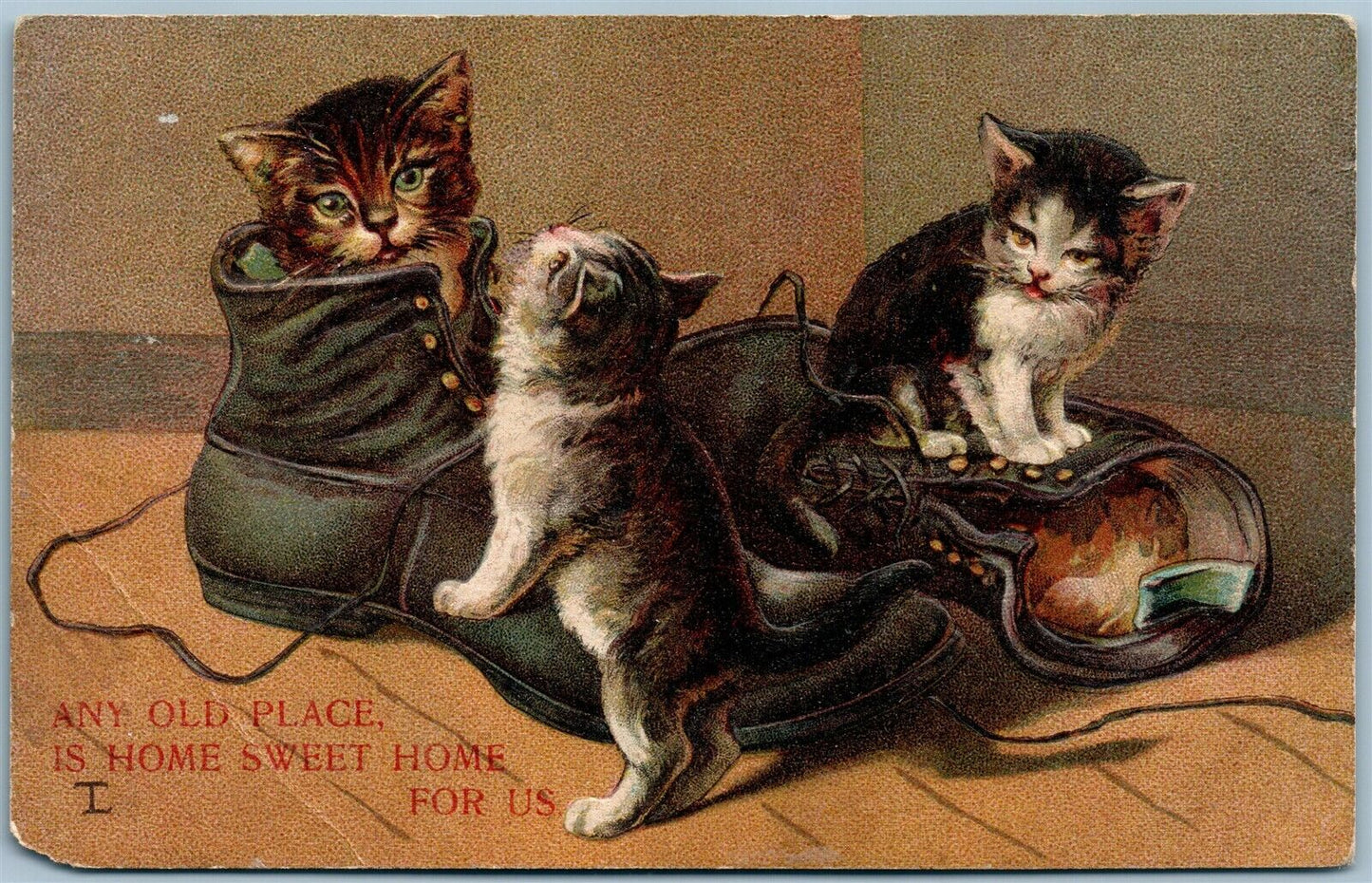 CATS IN OLD BOOTS ANTIQUE POSTCARD