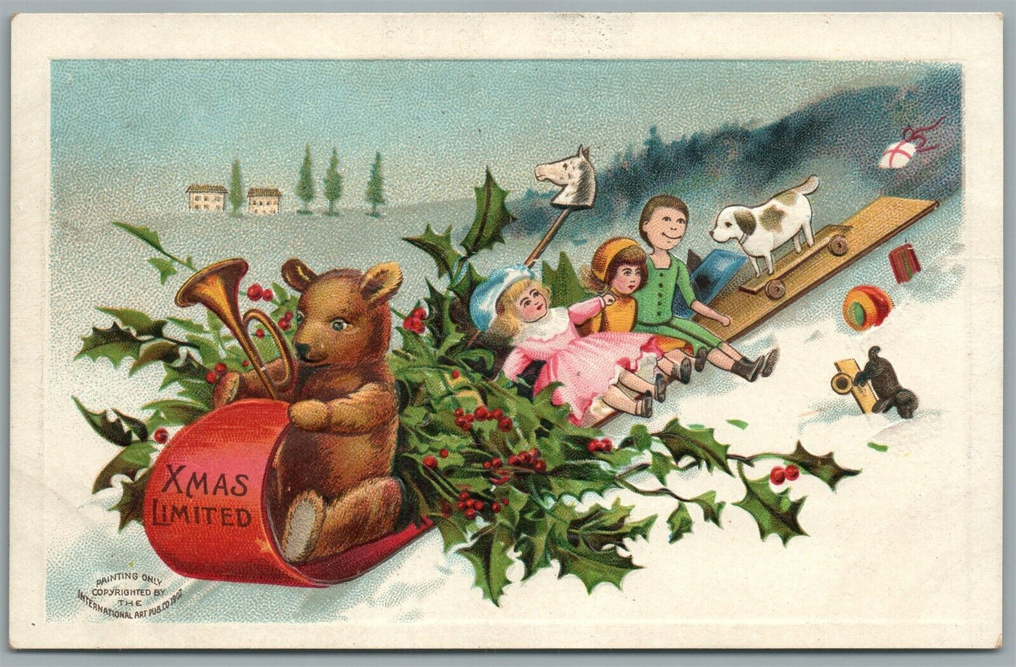 TOYS on SNOW SLEIGH CHRISTMAS ANTIQUE POSTCARD