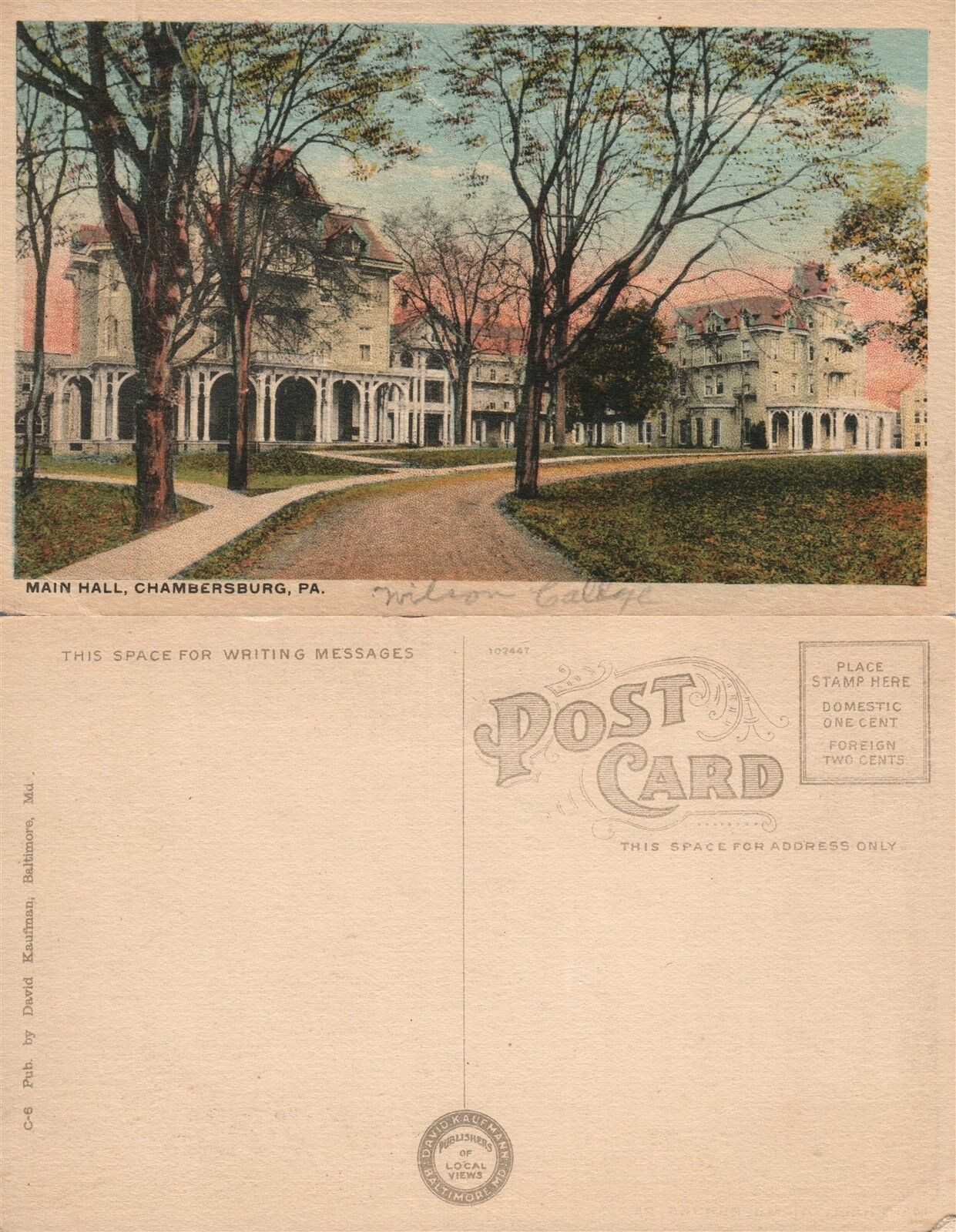 CHAMBERSBURG PA MAIN HALL ANTIQUE POSTCARD